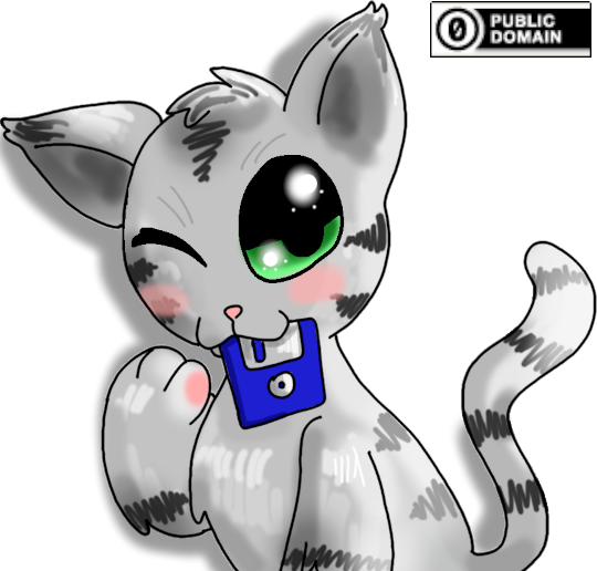 A drawing of a grey tabby cat with a blue diskette in its mouth.